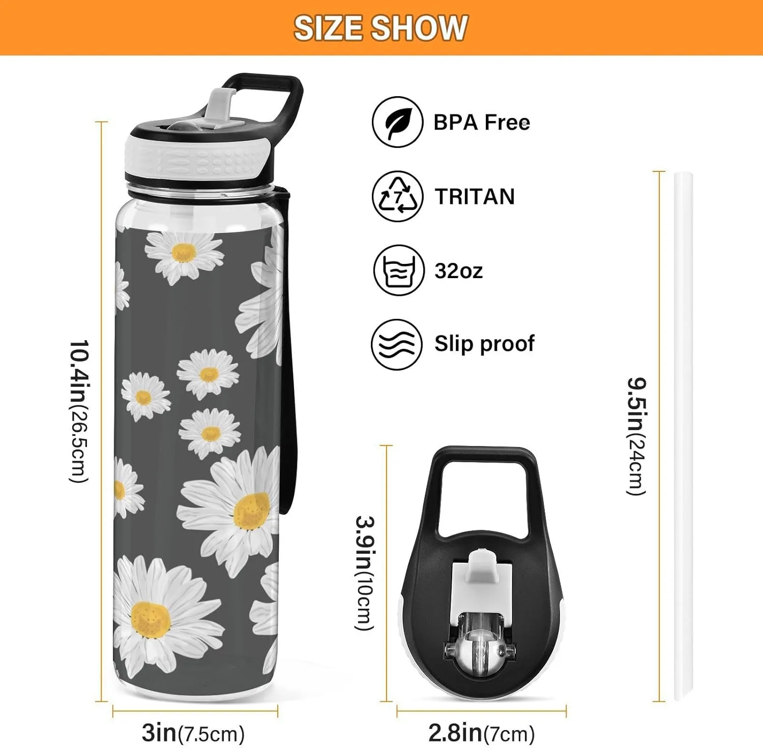ALAZA Daisy Flower Black Background Sport Water Bottle with Straw Lid 32 oz Clear Bottle BPA Free Tritan Plastic Leakproof Jugs Large Flip Top for Kids Boys Girls
