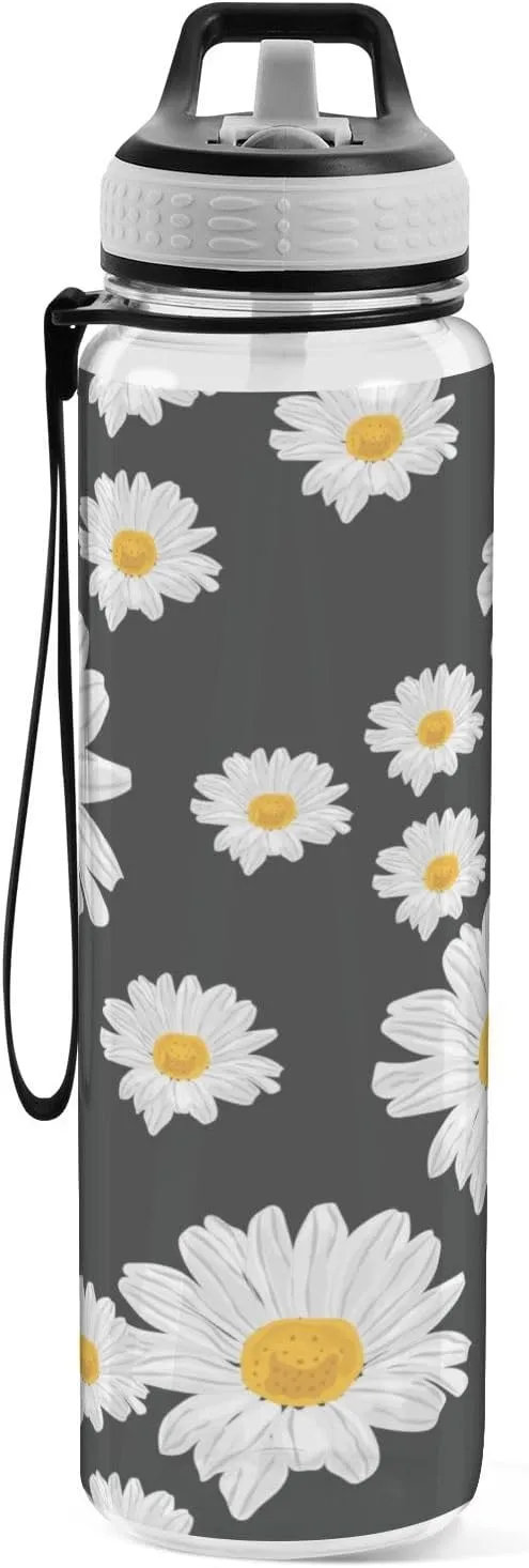 ALAZA Daisy Flower Black Background Sport Water Bottle with Straw Lid 32 oz Clear Bottle BPA Free Tritan Plastic Leakproof Jugs Large Flip Top for Kids Boys Girls