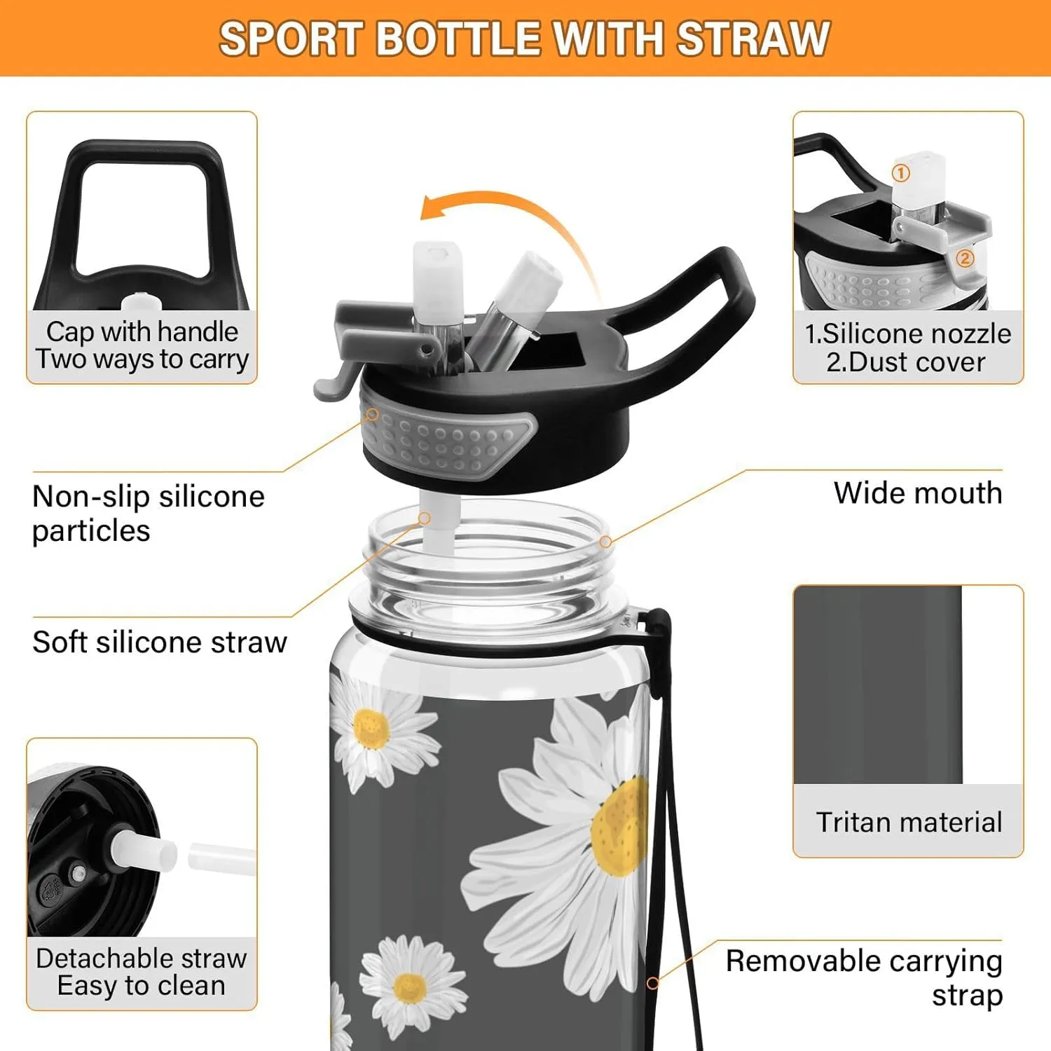ALAZA Daisy Flower Black Background Sport Water Bottle with Straw Lid 32 oz Clear Bottle BPA Free Tritan Plastic Leakproof Jugs Large Flip Top for Kids Boys Girls