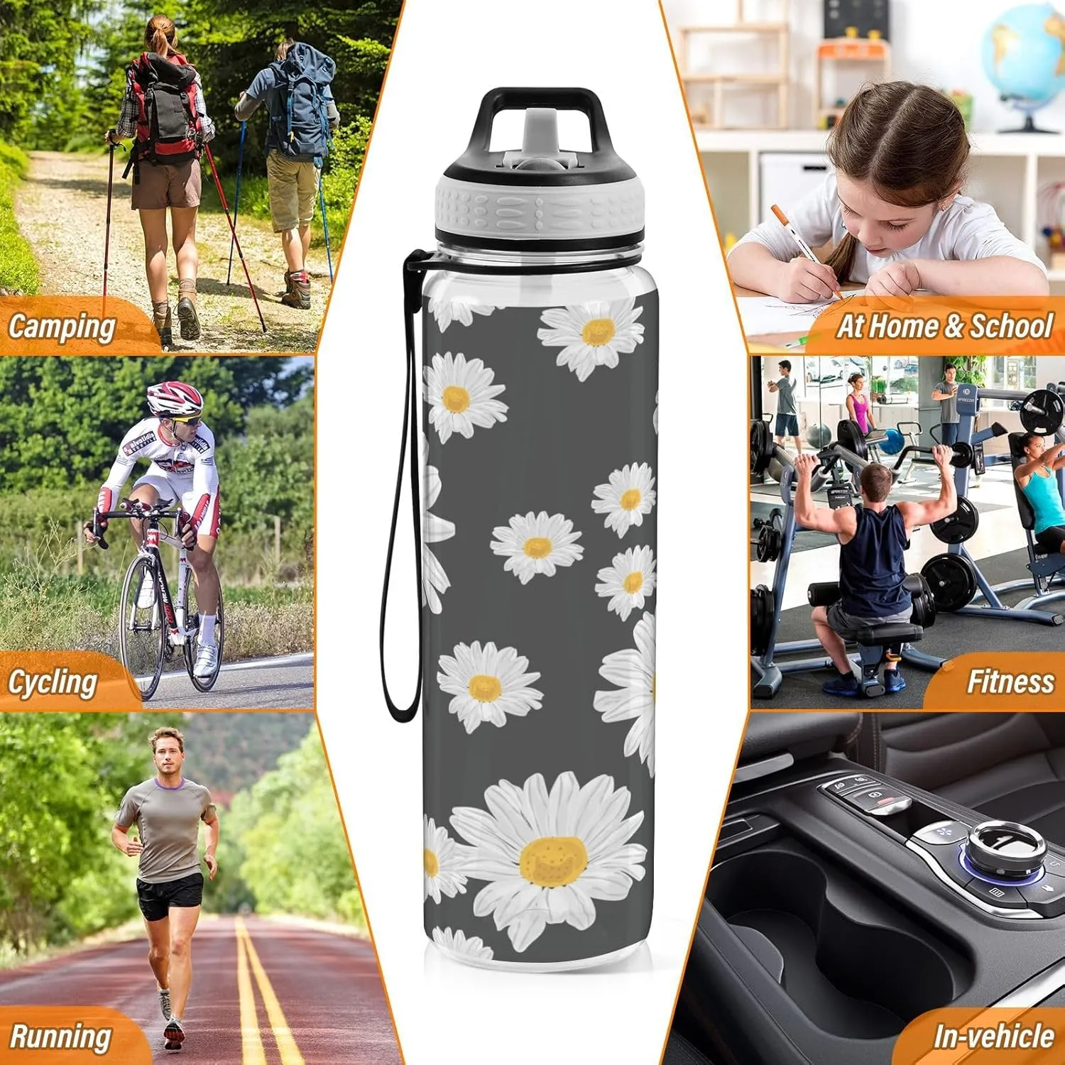 ALAZA Daisy Flower Black Background Sport Water Bottle with Straw Lid 32 oz Clear Bottle BPA Free Tritan Plastic Leakproof Jugs Large Flip Top for Kids Boys Girls