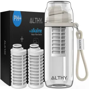 ALTHY Alkaline Water Filter Bottle, Up to PH 9.5, Added Minerals & Electrolytes, Composite Alkalize & Filtration System, BPA Free 500ml, Includes 3 Filter, Replaces 1200 Plastic Alkaline Water Bottles