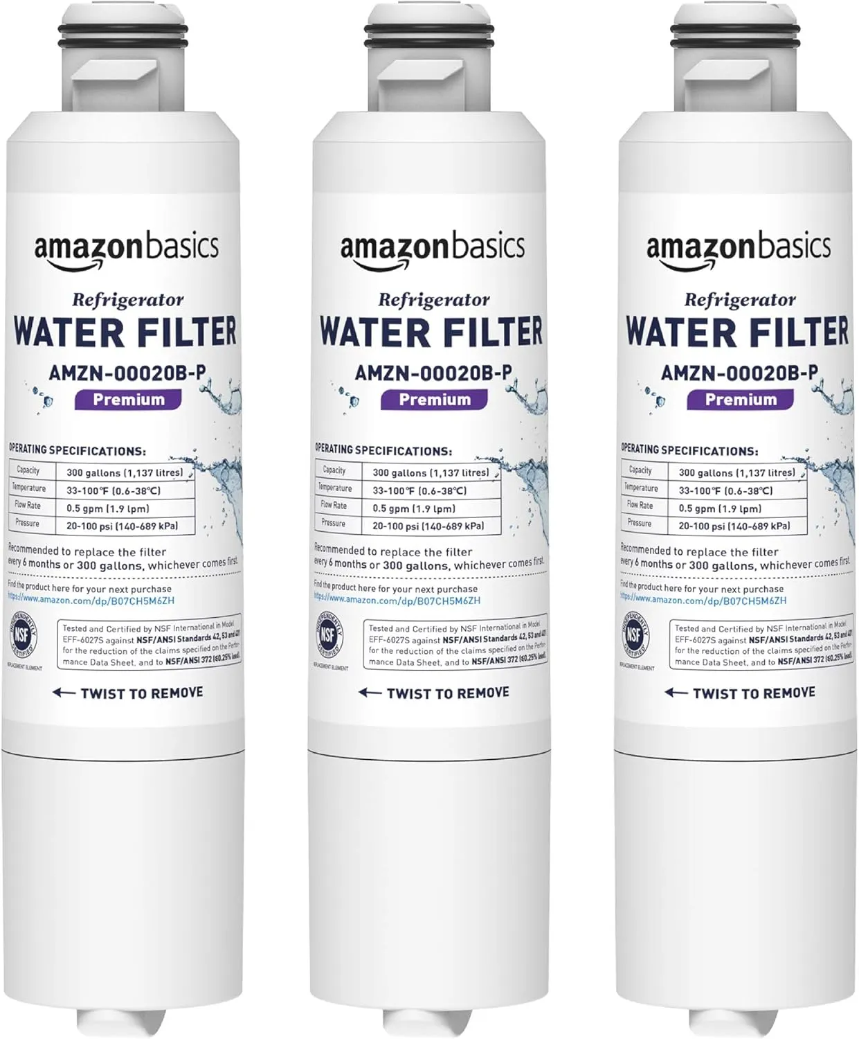 Amazon Basics Replacement Samsung DA29-00020B Refrigerator Water Filter Cartridge - Pack of 3, Premium Filtration, Easy to Install
