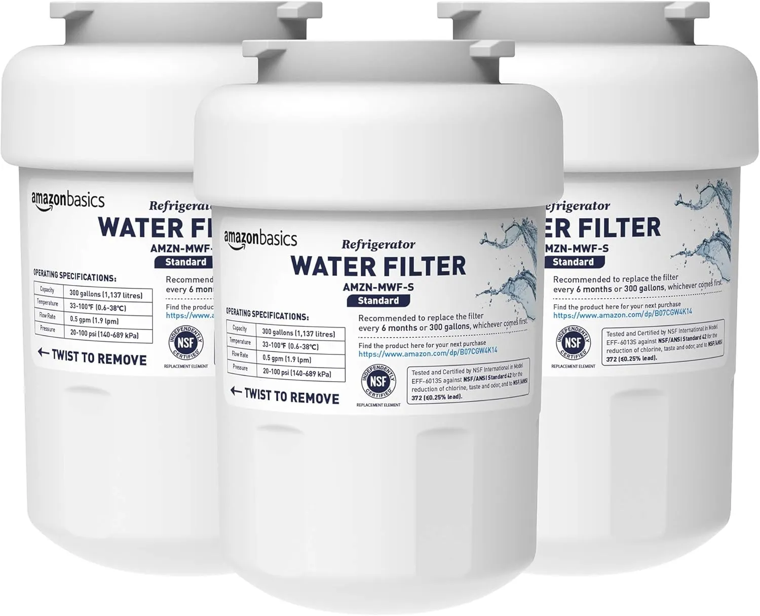 Amazon Basics Replacement Water Filter Cartridge Compatible with GE MWF Refrigerator, Pack of 3, Standard Filtration