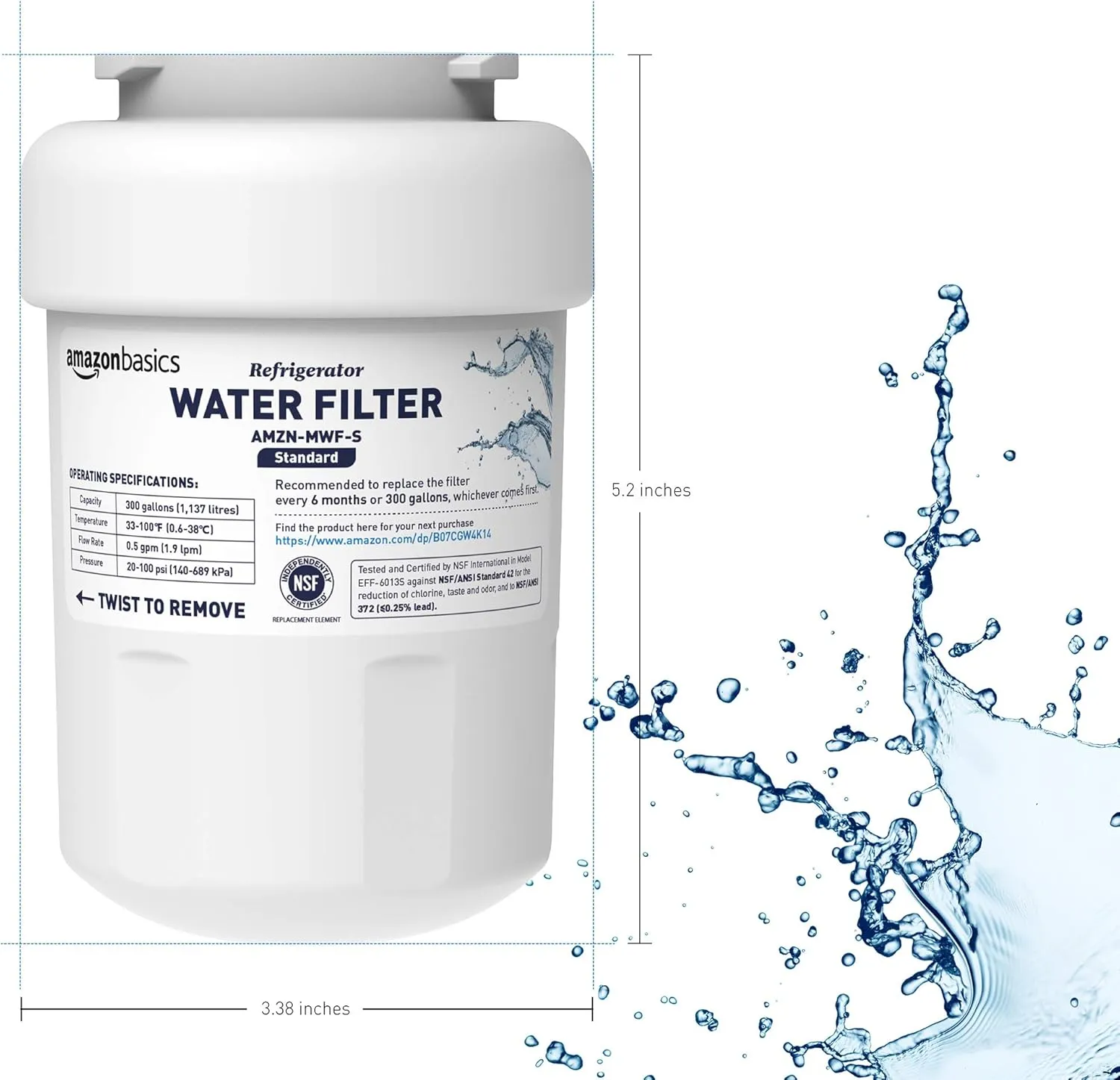 Amazon Basics Replacement Water Filter Cartridge Compatible with GE MWF Refrigerator, Pack of 3, Standard Filtration