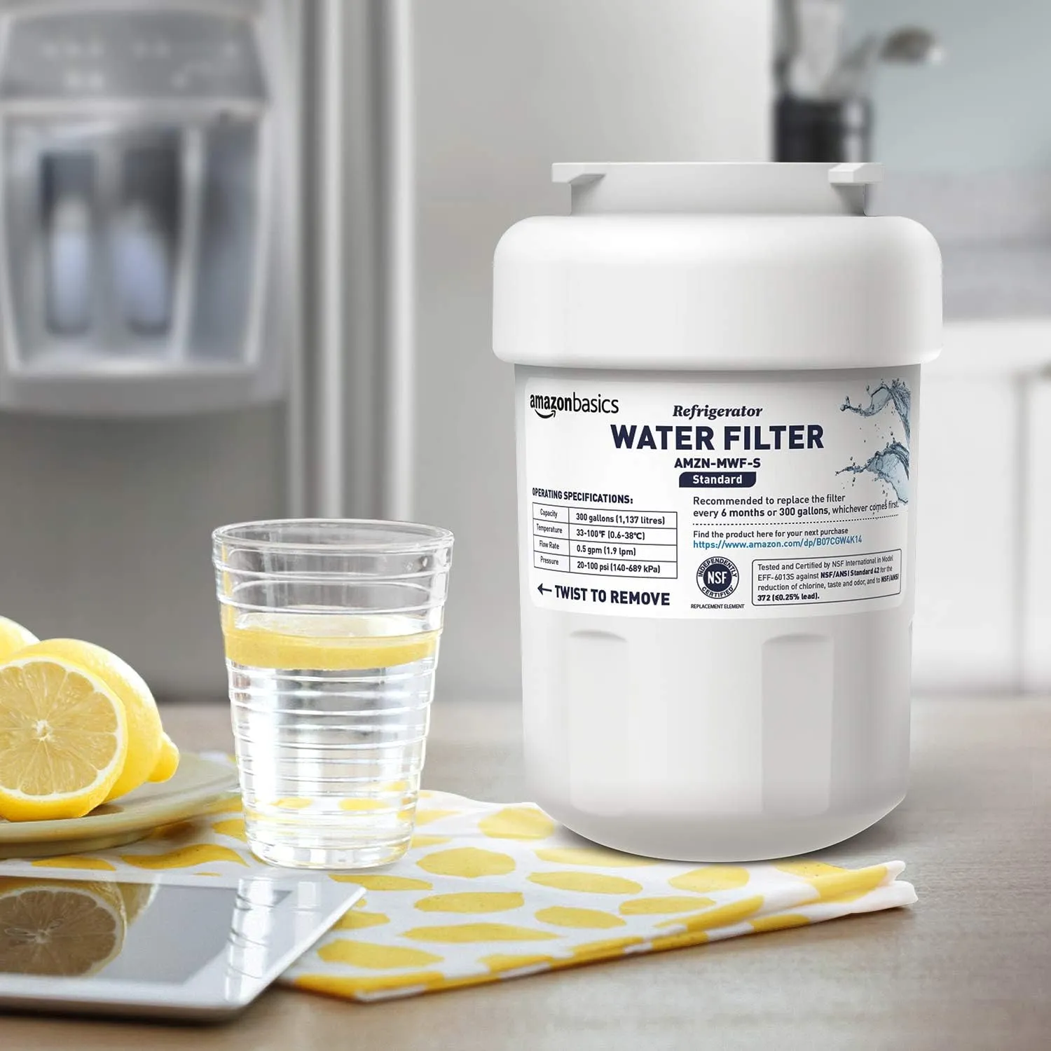 Amazon Basics Replacement Water Filter Cartridge Compatible with GE MWF Refrigerator, Pack of 3, Standard Filtration