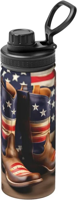 American Flag with Cowboy Boots Sports Insulated Water Bottle - Premium 18 oz. Stainless Steel Hydration Bottle for Outdoor Enthusiasts