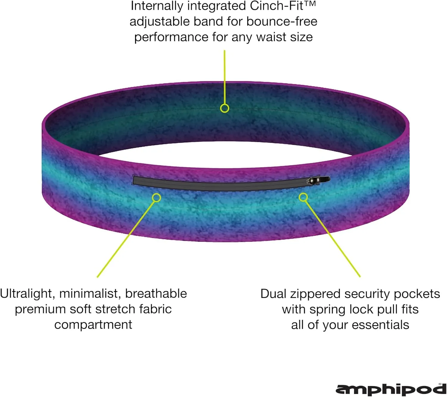 Amphipod MicroStretch Infinity Luxe Belt, Versatile, Adjustable Minimalist Running Waist Belt Storage for Running & Hiking - Rain Ombre - Size 1 (26" – 35″)