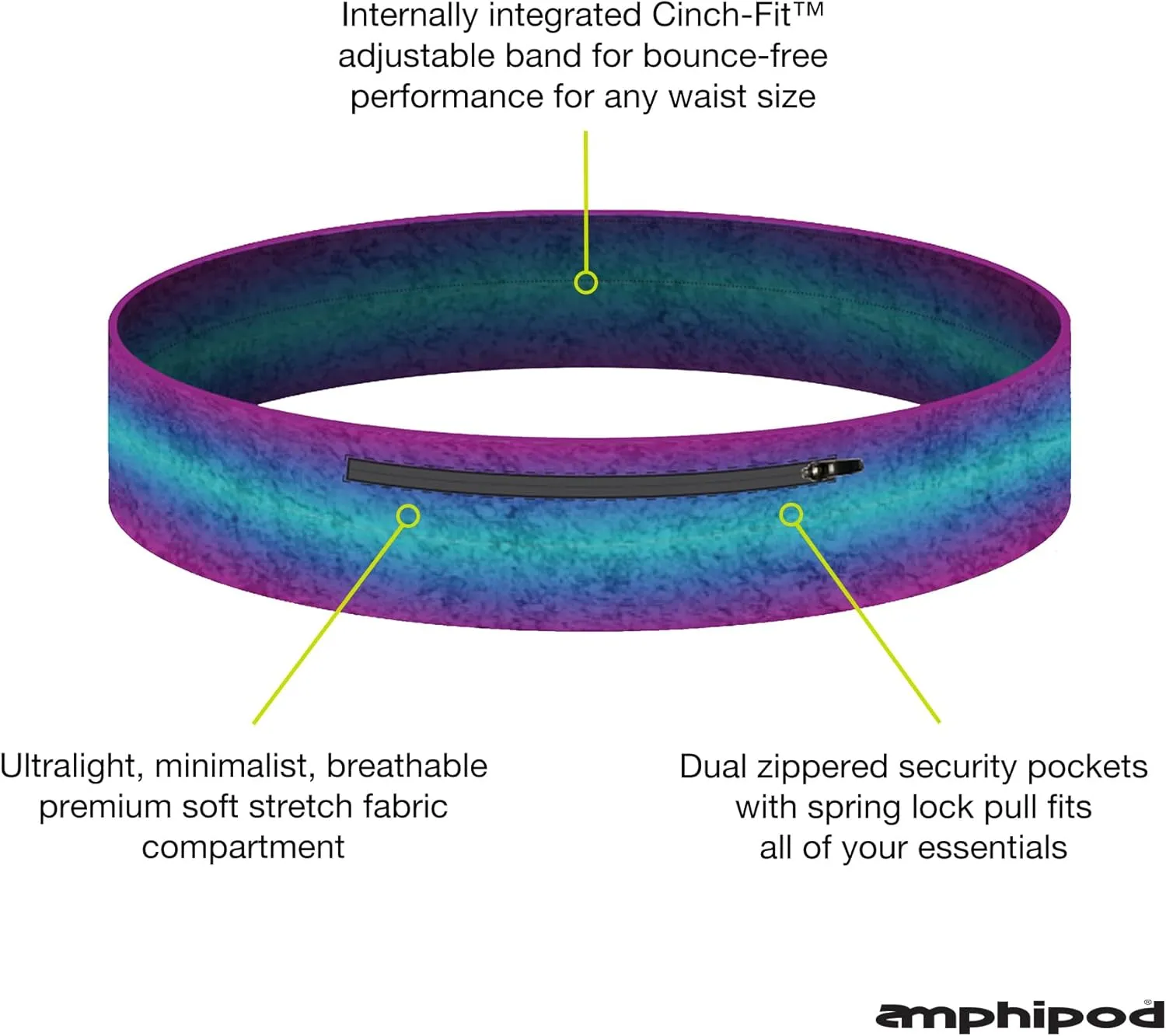 Amphipod MicroStretch Infinity Luxe Belt, Versatile, Adjustable Minimalist Running Waist Belt Storage for Running & Hiking - Rain Ombre - Size 2 (36" – 48″)