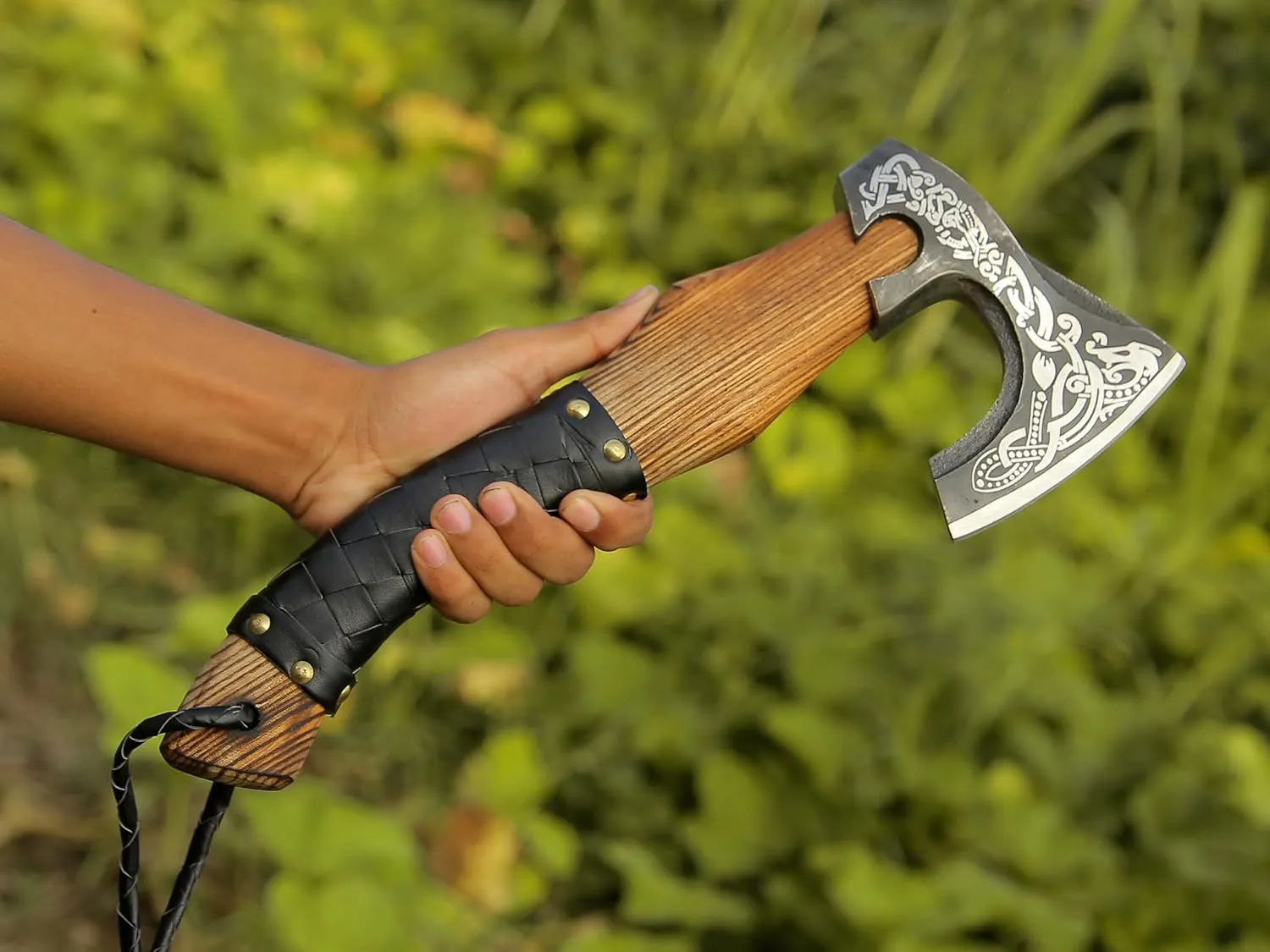 ANCILLA 16″ Viking Axe Hatchet for Camping - Norse Made of Hand-Forged Carbon Steel Blade & Rosewood Handle, Hatchet Comes with Leather Sheath - Tomahawk Viking Prop and Cosplay (Black Wrap)