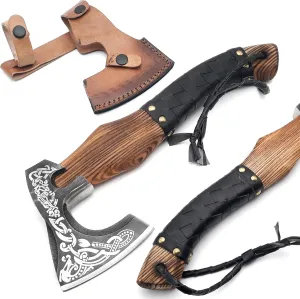 ANCILLA 16″ Viking Axe Hatchet for Camping - Norse Made of Hand-Forged Carbon Steel Blade & Rosewood Handle, Hatchet Comes with Leather Sheath - Tomahawk Viking Prop and Cosplay (Black Wrap)