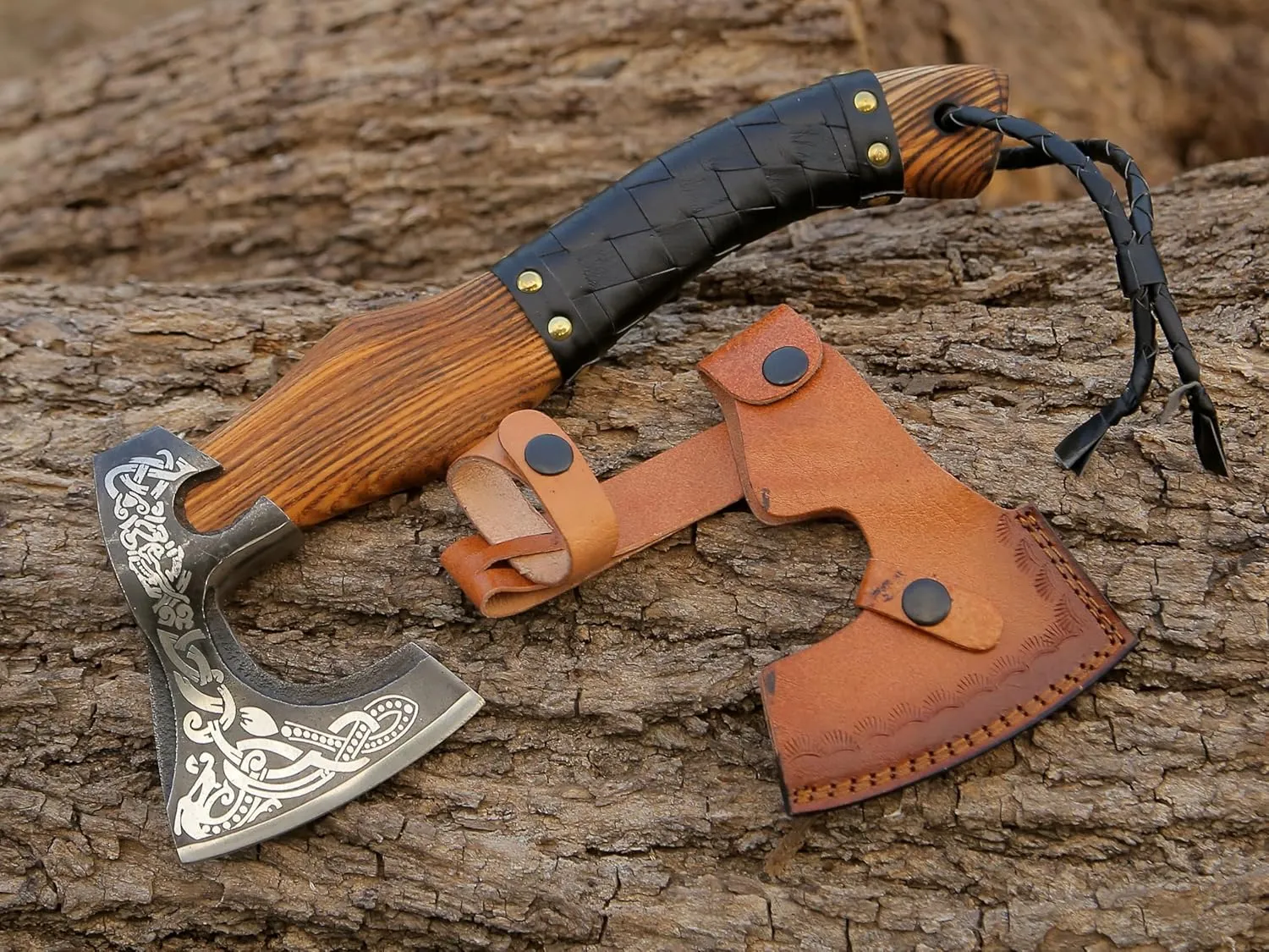 ANCILLA 16″ Viking Axe Hatchet for Camping - Norse Made of Hand-Forged Carbon Steel Blade & Rosewood Handle, Hatchet Comes with Leather Sheath - Tomahawk Viking Prop and Cosplay (Black Wrap)