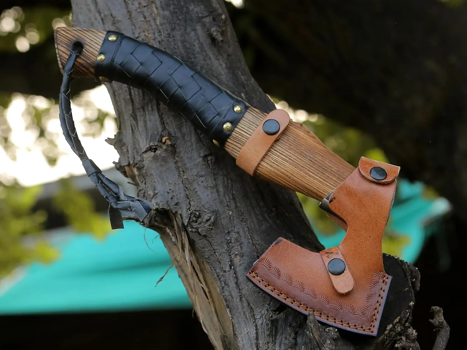 ANCILLA 16″ Viking Axe Hatchet for Camping - Norse Made of Hand-Forged Carbon Steel Blade & Rosewood Handle, Hatchet Comes with Leather Sheath - Tomahawk Viking Prop and Cosplay (Black Wrap)