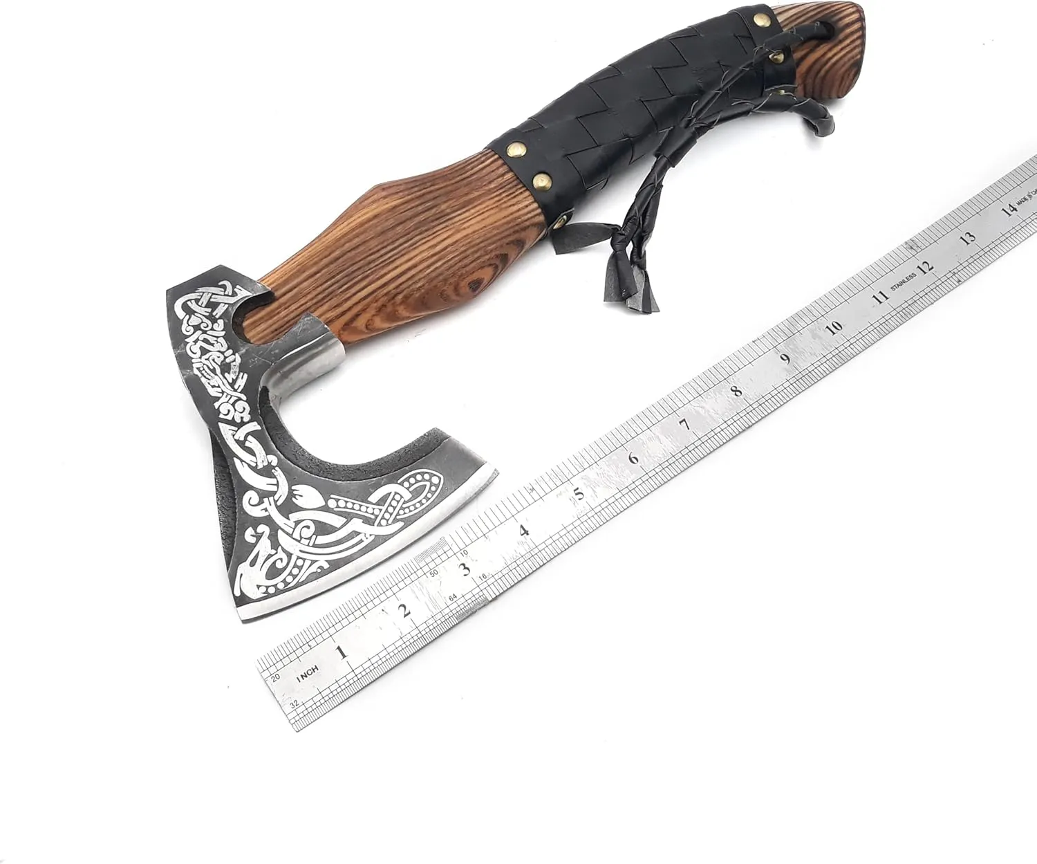 ANCILLA 16″ Viking Axe Hatchet for Camping - Norse Made of Hand-Forged Carbon Steel Blade & Rosewood Handle, Hatchet Comes with Leather Sheath - Tomahawk Viking Prop and Cosplay (Black Wrap)