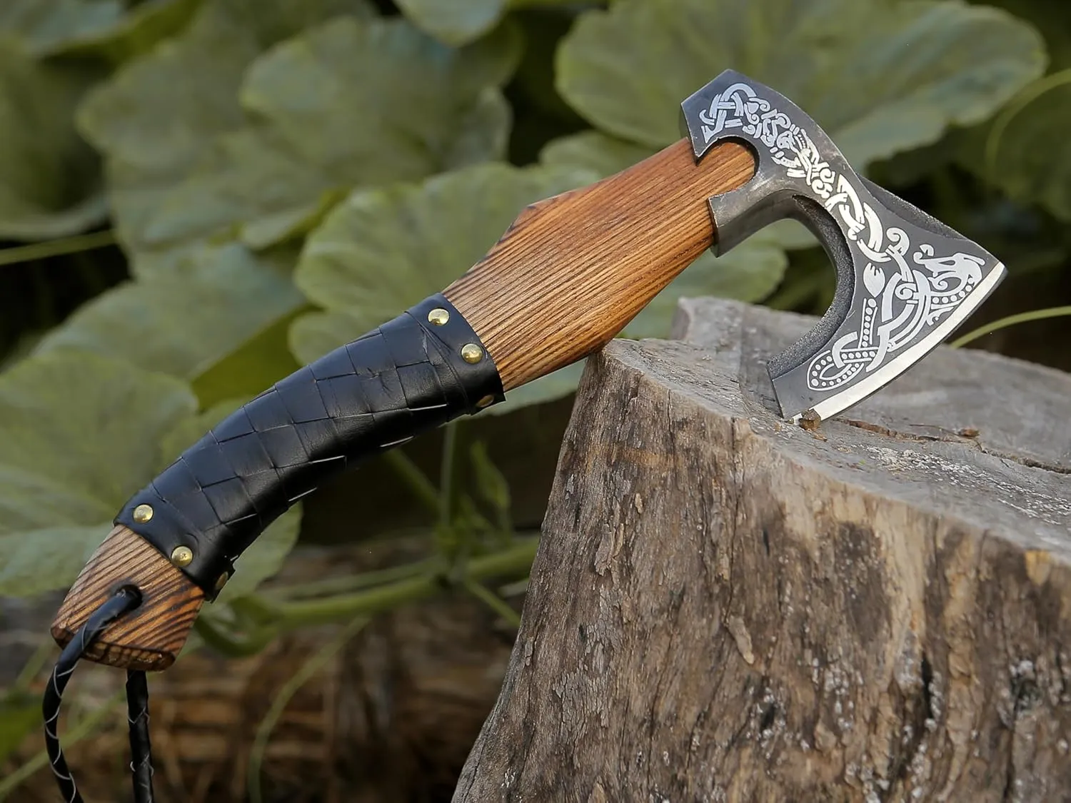 ANCILLA 16″ Viking Axe Hatchet for Camping - Norse Made of Hand-Forged Carbon Steel Blade & Rosewood Handle, Hatchet Comes with Leather Sheath - Tomahawk Viking Prop and Cosplay (Black Wrap)