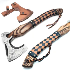 ANCILLA 16″ Viking Axe Hatchet for Camping - Norse Made of Hand-Forged Carbon Steel Blade & Rosewood Handle, Hatchet Comes with Leather Sheath - Tomahawk Viking Prop and Cosplay (Pinnacle)