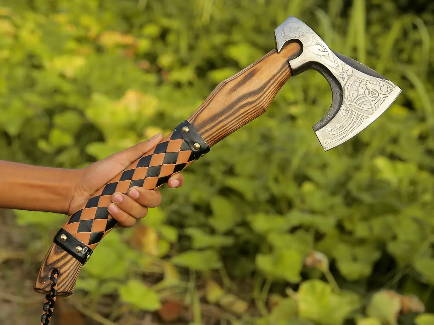 ANCILLA 16″ Viking Axe Hatchet for Camping - Norse Made of Hand-Forged Carbon Steel Blade & Rosewood Handle, Hatchet Comes with Leather Sheath - Tomahawk Viking Prop and Cosplay (Pinnacle)