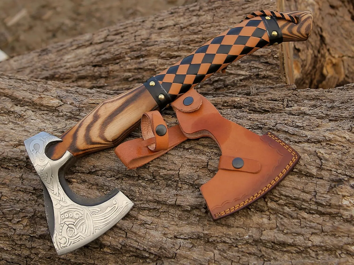 ANCILLA 16″ Viking Axe Hatchet for Camping - Norse Made of Hand-Forged Carbon Steel Blade & Rosewood Handle, Hatchet Comes with Leather Sheath - Tomahawk Viking Prop and Cosplay (Pinnacle)