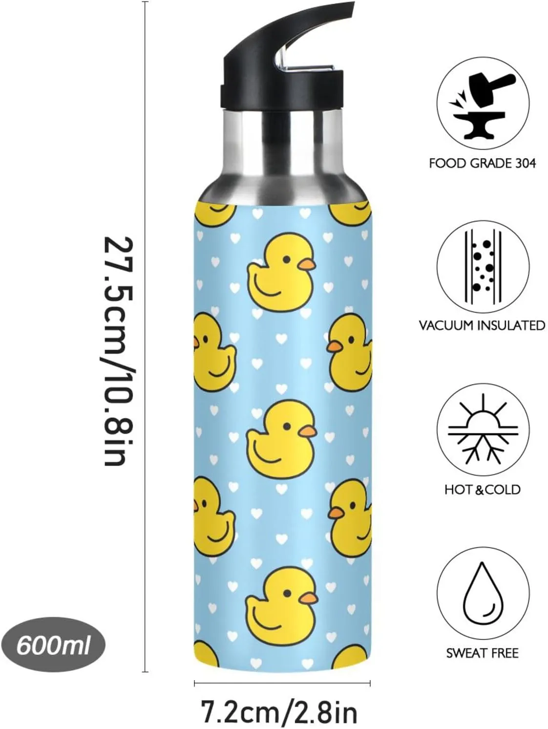 Animal Cartoon Cute Duck Water Bottle with Straw Lid, BPA Free Leakproof Vacuum Insulated Stainless Steel, 20 Oz Hot Cold Thermal Flask Drinking Bottle for Gym Fitness Outdoor Sport