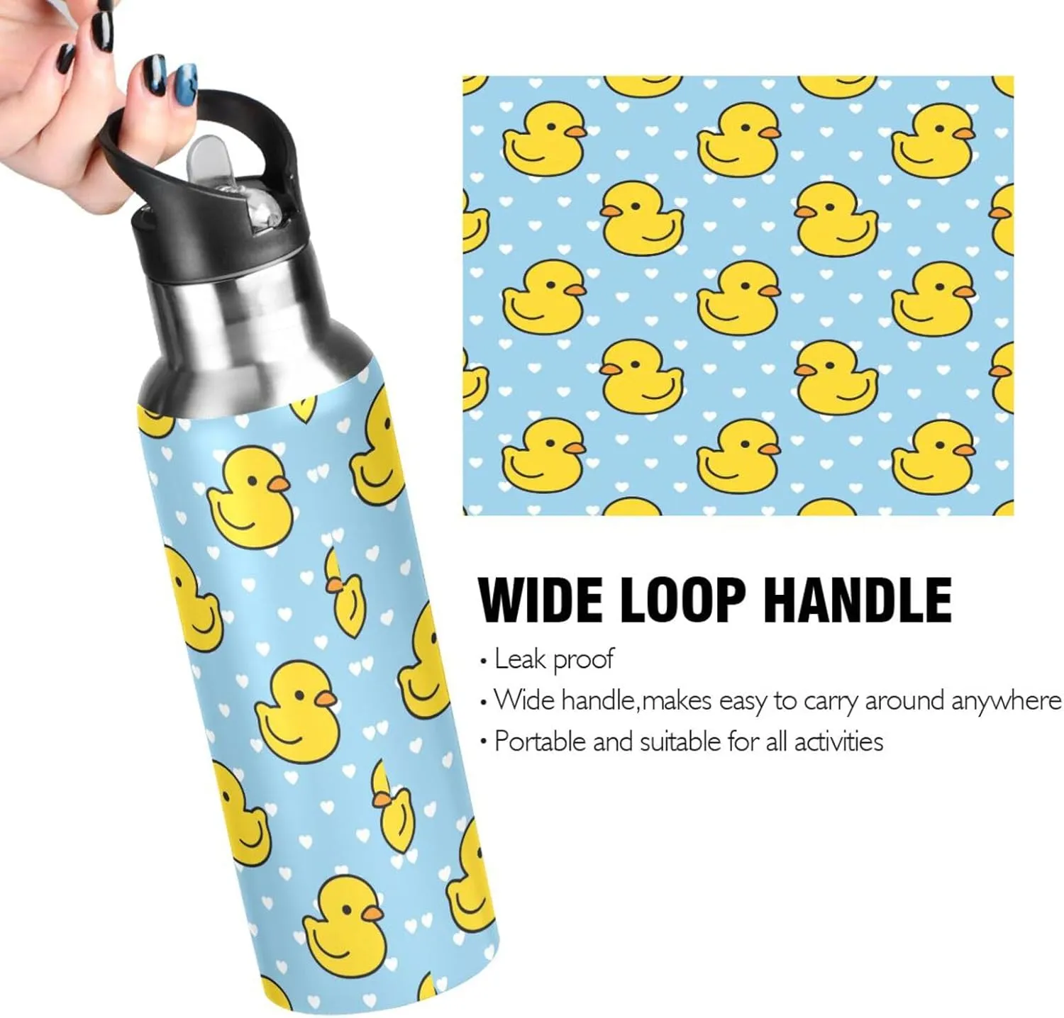 Animal Cartoon Cute Duck Water Bottle with Straw Lid, BPA Free Leakproof Vacuum Insulated Stainless Steel, 20 Oz Hot Cold Thermal Flask Drinking Bottle for Gym Fitness Outdoor Sport