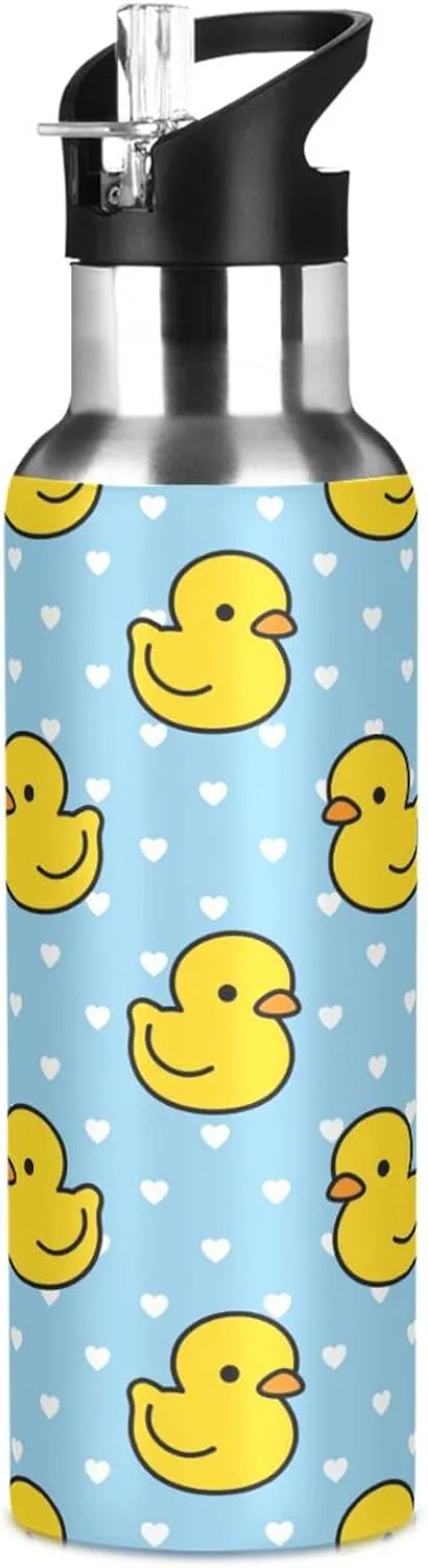 Animal Cartoon Cute Duck Water Bottle with Straw Lid, BPA Free Leakproof Vacuum Insulated Stainless Steel, 20 Oz Hot Cold Thermal Flask Drinking Bottle for Gym Fitness Outdoor Sport