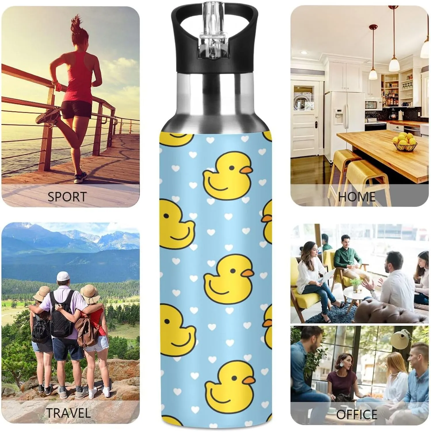 Animal Cartoon Cute Duck Water Bottle with Straw Lid, BPA Free Leakproof Vacuum Insulated Stainless Steel, 20 Oz Hot Cold Thermal Flask Drinking Bottle for Gym Fitness Outdoor Sport