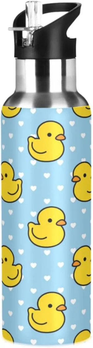 Animal Cartoon Cute Duck Water Bottle with Straw Lid, BPA Free Leakproof Vacuum Insulated Stainless Steel, 20 Oz Hot Cold Thermal Flask Drinking Bottle for Gym Fitness Outdoor Sport
