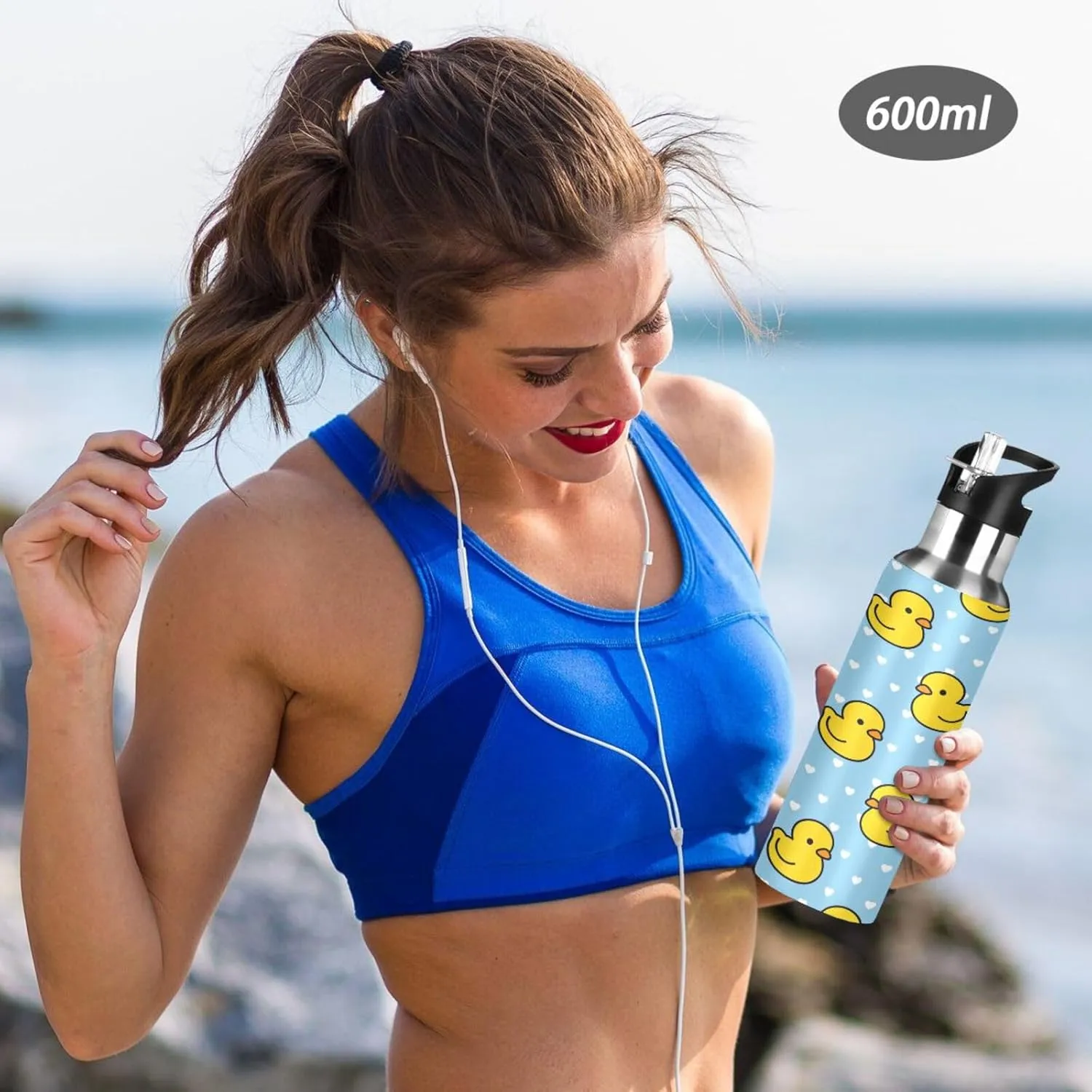 Animal Cartoon Cute Duck Water Bottle with Straw Lid, BPA Free Leakproof Vacuum Insulated Stainless Steel, 20 Oz Hot Cold Thermal Flask Drinking Bottle for Gym Fitness Outdoor Sport