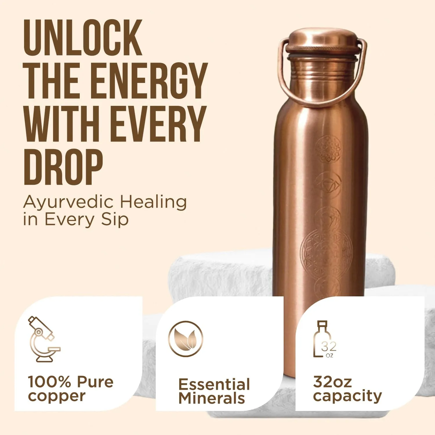 Antique 7 Chakras Design Copper Water Bottle Set - Leak-Proof 32oz Bottle with Two Glasses & Coasters | Ayurvedic Copper Vessel with Handle Lid