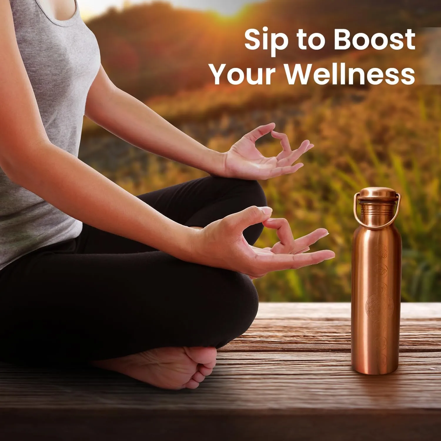 Antique 7 Chakras Design Copper Water Bottle Set - Leak-Proof 32oz Bottle with Two Glasses & Coasters | Ayurvedic Copper Vessel with Handle Lid