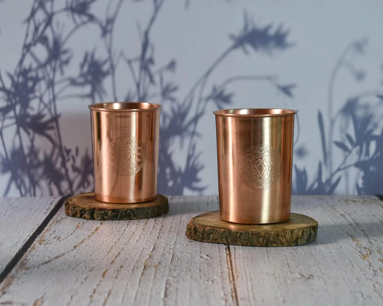 Antique 7 Chakras Design Copper Water Bottle Set - Leak-Proof 32oz Bottle with Two Glasses & Coasters | Ayurvedic Copper Vessel with Handle Lid