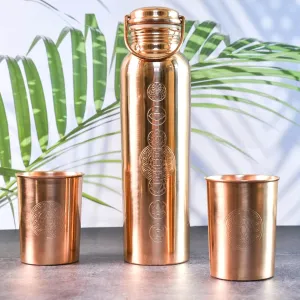Antique 7 Chakras Design Copper Water Bottle Set - Leak-Proof 32oz Bottle with Two Glasses & Coasters | Ayurvedic Copper Vessel with Handle Lid