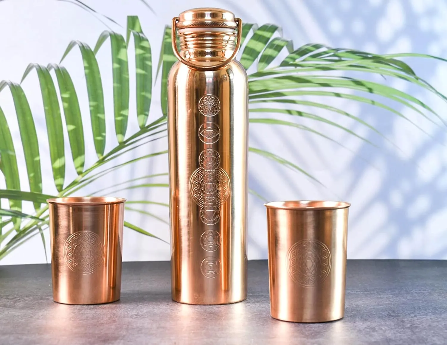 Antique 7 Chakras Design Copper Water Bottle Set - Leak-Proof 32oz Bottle with Two Glasses & Coasters | Ayurvedic Copper Vessel with Handle Lid