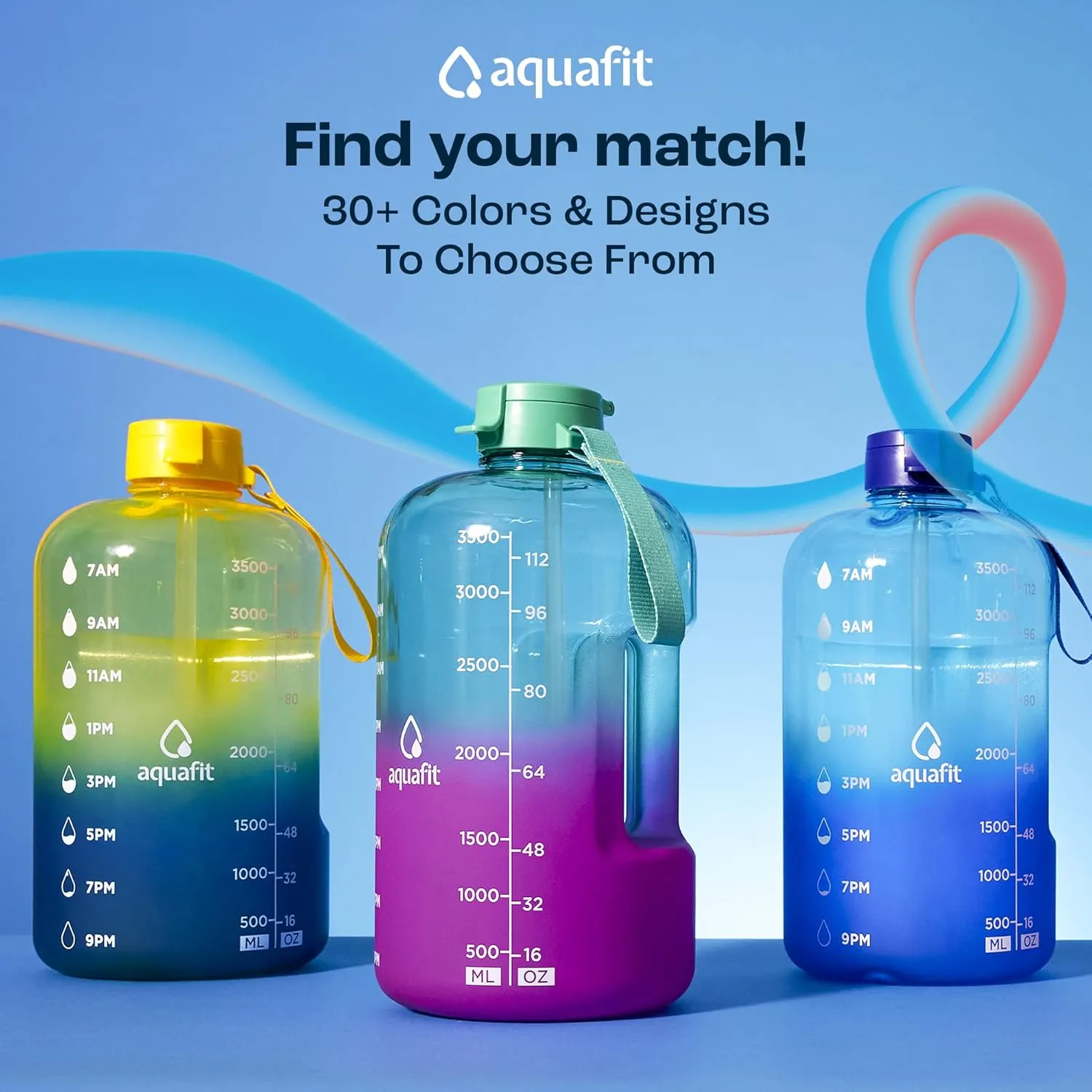 AQUAFIT 1 Gallon Water Bottle With Time Marker - Straw & Chug Lid - BPA Free Big Jug With Handle - Motivational Gym Bottle (128 oz, Nebula)