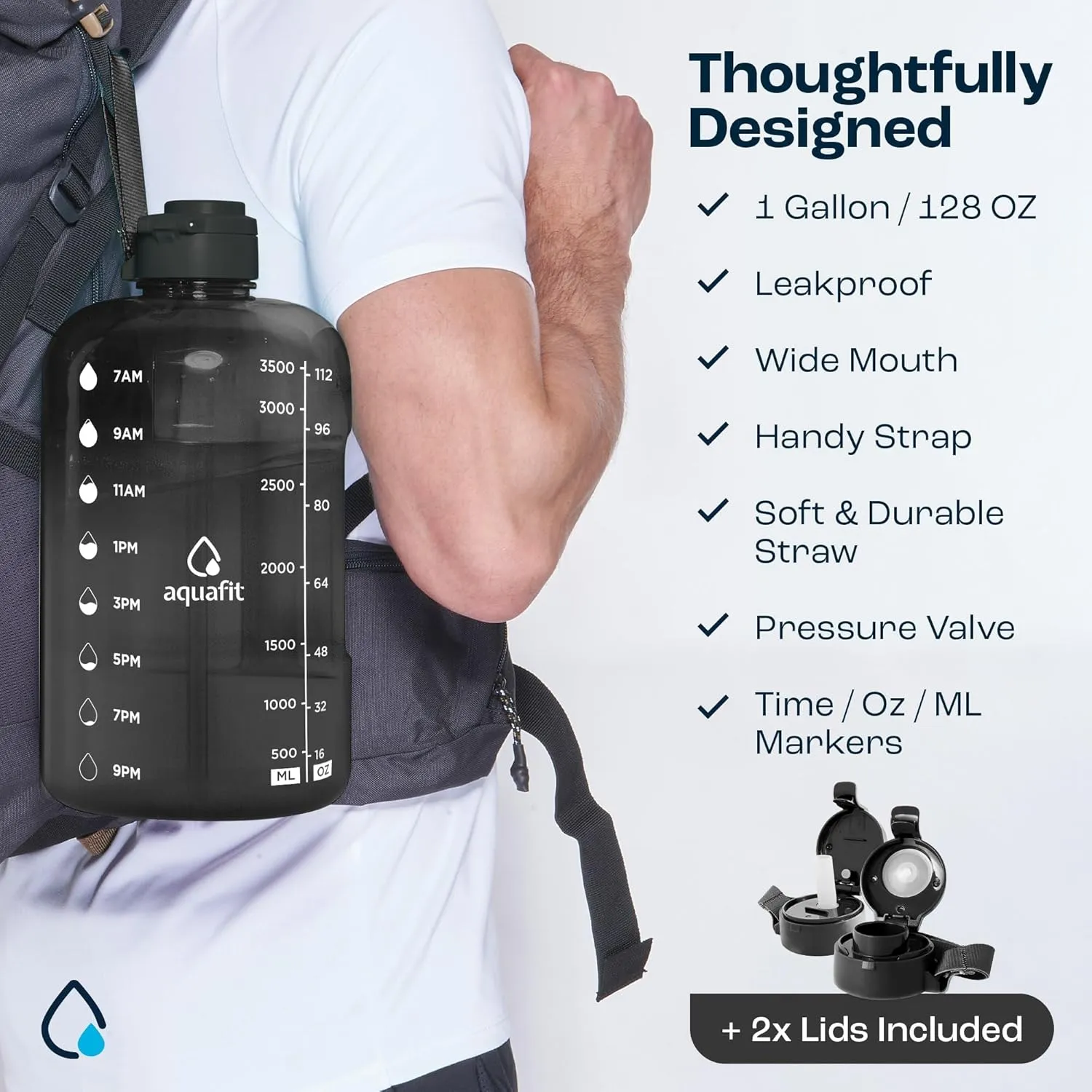AQUAFIT 1 Gallon Water Bottle With Time Marker - Straw & Chug Lid - BPA Free Big Jug With Handle - Motivational Gym Bottle (128 oz, Nebula)