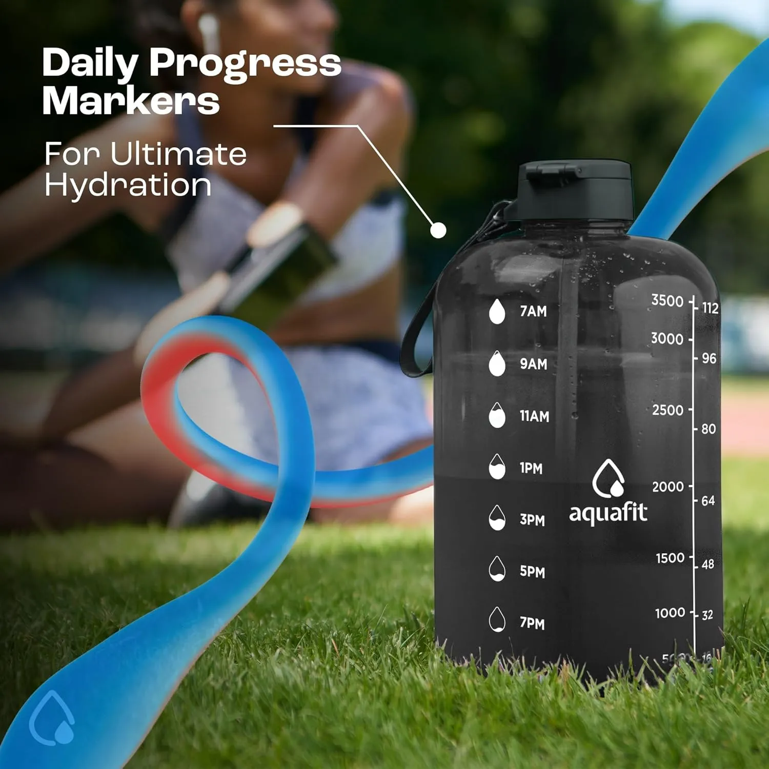 AQUAFIT 1 Gallon Water Bottle With Time Marker - Straw & Chug Lid - BPA Free Big Jug With Handle - Motivational Gym Bottle (128 oz, Nebula)