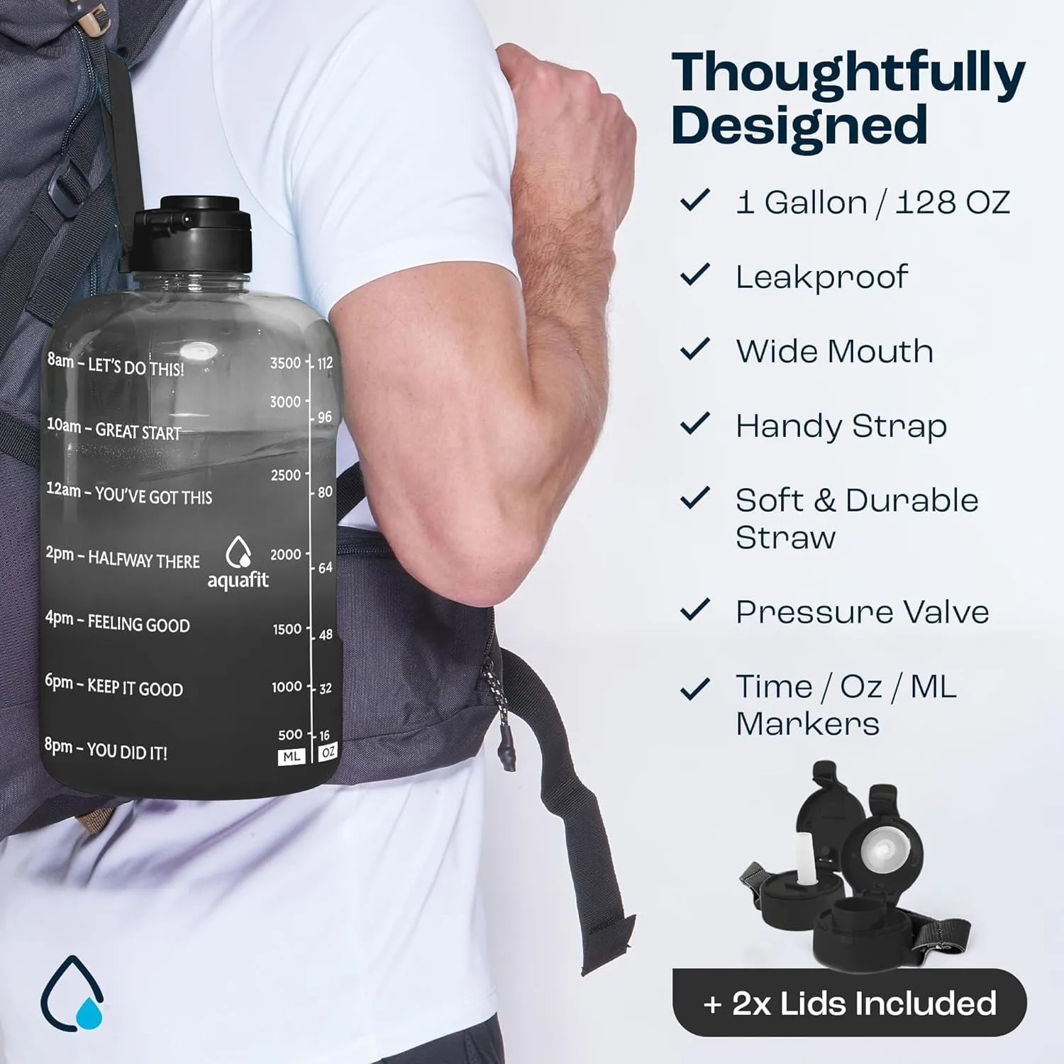 AQUAFIT 1 Gallon Water Bottle With Times To Drink - 128 oz Water Bottle With Straw - Motivational - Large - Sports Bottle With Time Marker - Gym Jug