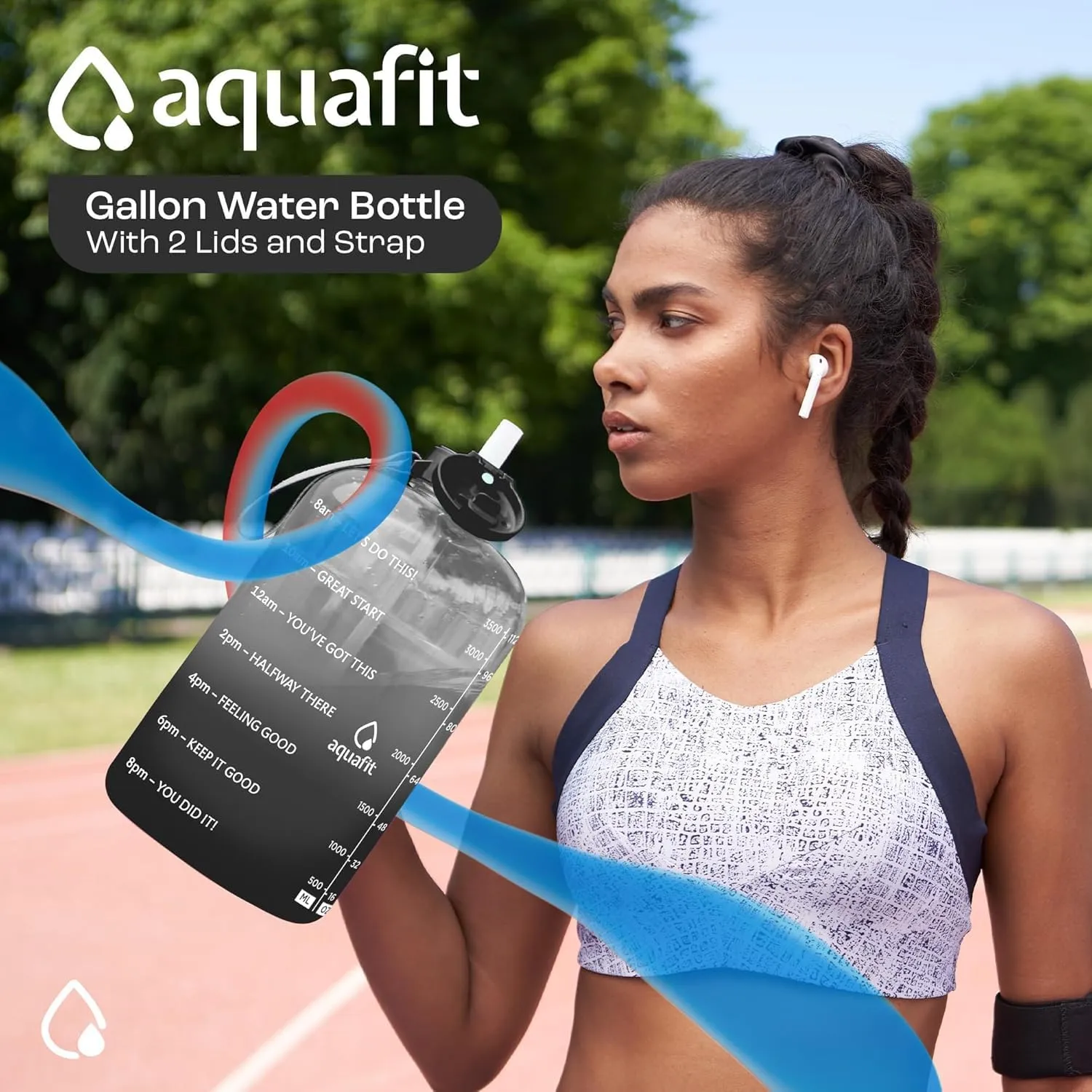 AQUAFIT 1 Gallon Water Bottle With Times To Drink - 128 oz Water Bottle With Straw - Motivational - Large - Sports Bottle With Time Marker - Gym Jug