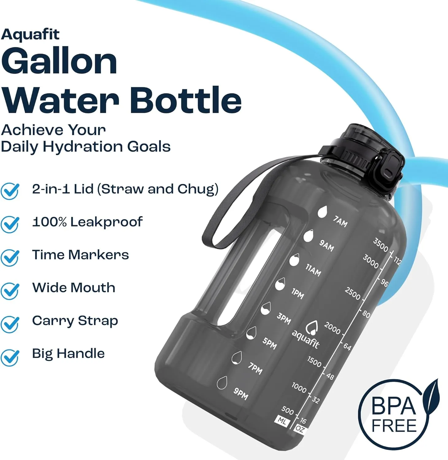 AQUAFIT 1 Gallon Water Jug with Time Marker - BPA Free 128 oz Gym Water Bottle with Straw, Handle, Purple Haze