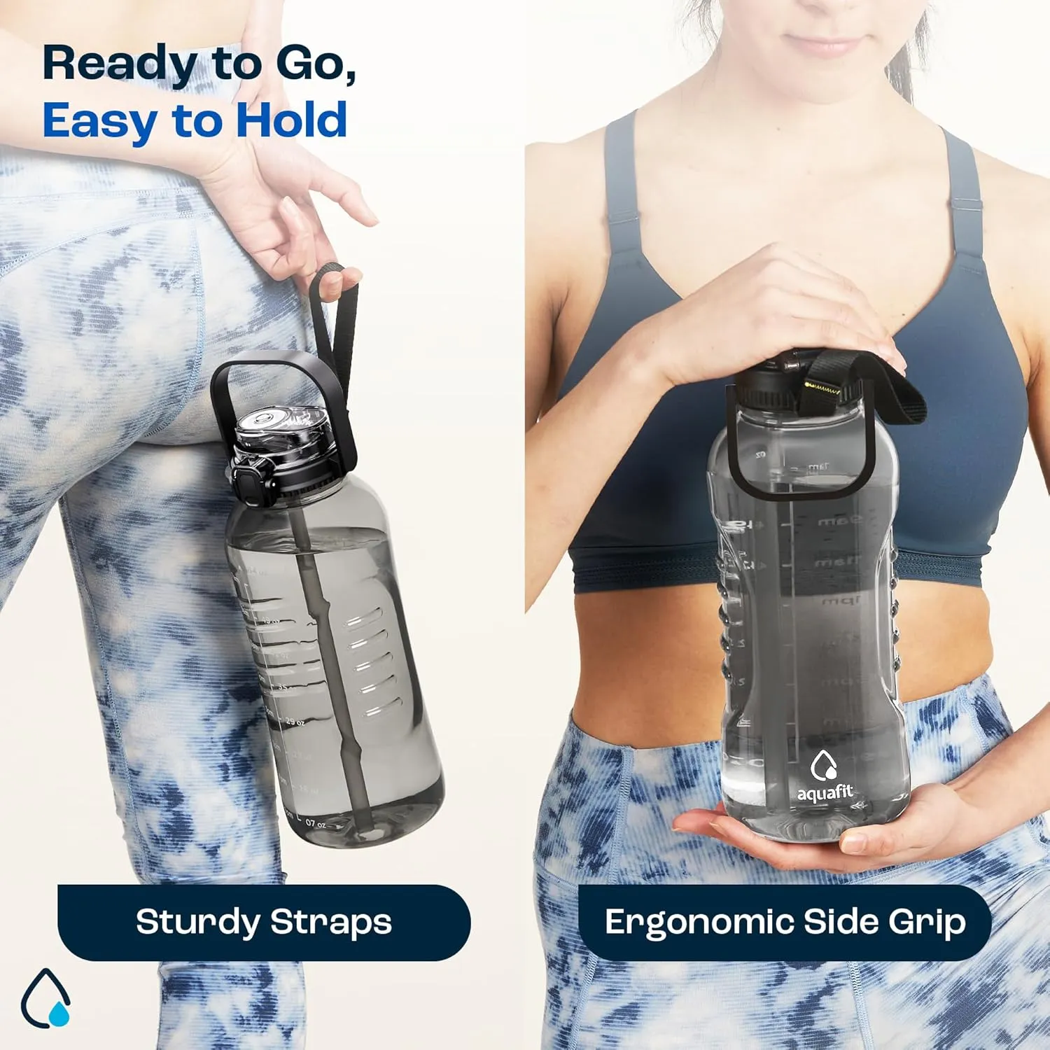 AQUAFIT 64 oz Water Bottle with Time Marker - 2in1 Straw & Chug Lid - BPA Free Big Water Bottle with Straw - Gym Water Bottle with Strap - Water Jug (64 Ounces, Clarity)