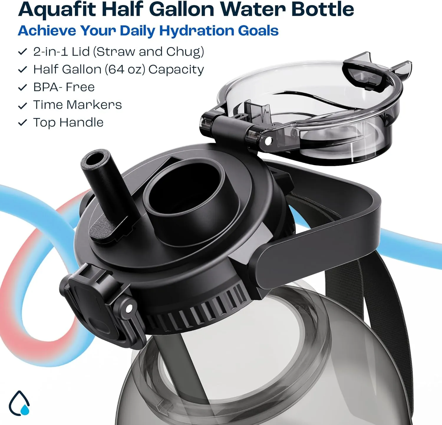 AQUAFIT 64 oz Water Bottle with Time Marker - 2in1 Straw & Chug Lid - BPA Free Big Water Bottle with Straw - Gym Water Bottle with Strap - Water Jug (64 Ounces, Clarity)