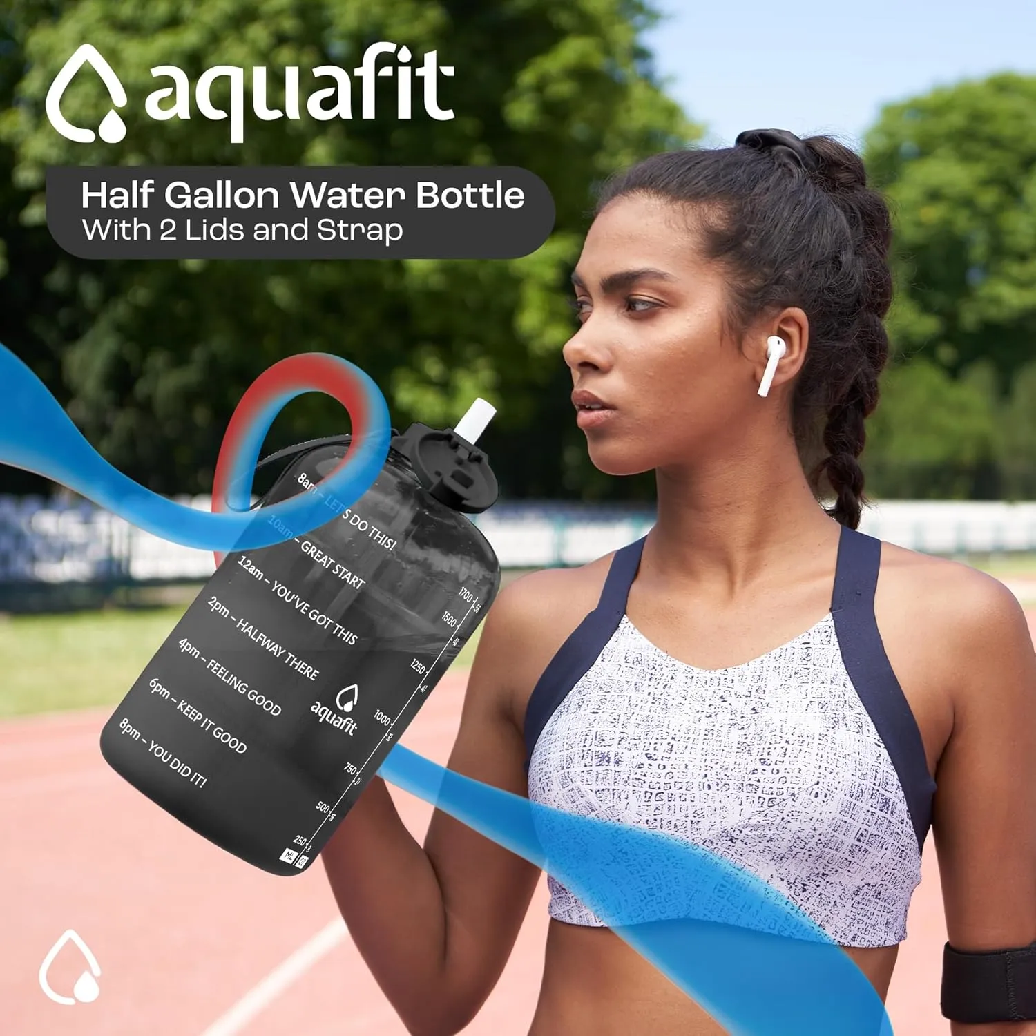 AQUAFIT Half Gallon Water Bottle with Time Marker - Straw & Chug Lid - BPA Free Big Water Bottle with Straw - Gym Water Bottle with Handle - Motivational Half Gallon Water Jug (64 oz, Nebula)