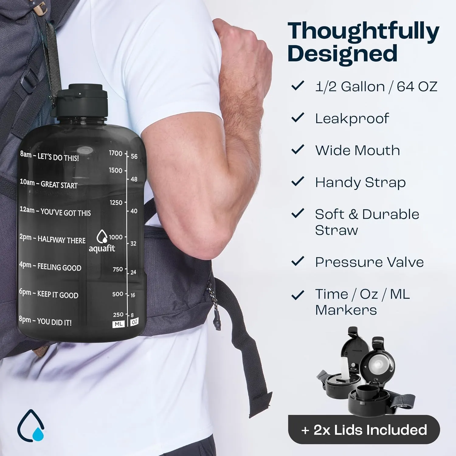 AQUAFIT Half Gallon Water Bottle with Time Marker - Straw & Chug Lid - BPA Free Big Water Bottle with Straw - Gym Water Bottle with Handle - Motivational Half Gallon Water Jug (64 oz, Nebula)