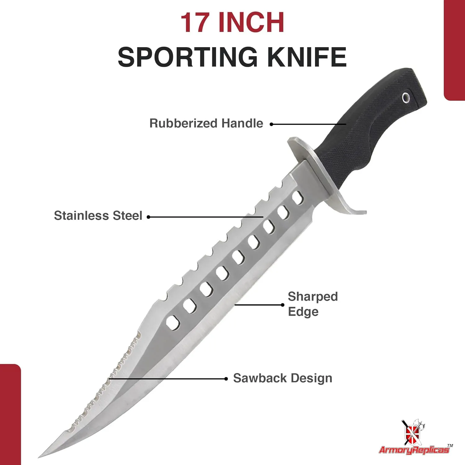Armory Replicas™ - Hunting Outdoor Survivors Sporting Sawback Knife 17 Inches Silver