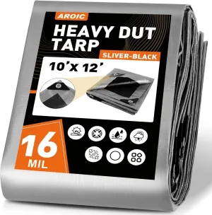 AROIC 10x12FT Heavy Duty Tarps Waterproof, 16 Mil Thick Camping Tarp-15x17 Weave, Large Waterproof Tarp, Tarp Tear Resistant, UV Resistant, Multipurpose Protective Cover for Tent, Car, Roof, Boat