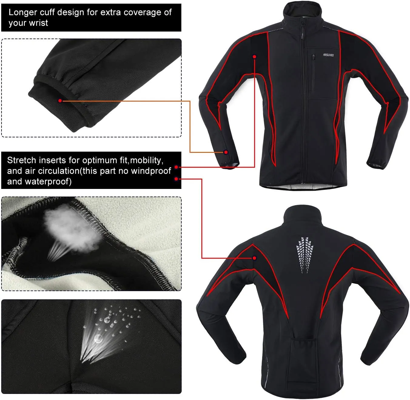 ARSUXEO Winter Warm UP Thermal Softshell Cycling Jacket Windproof Waterproof 15-k