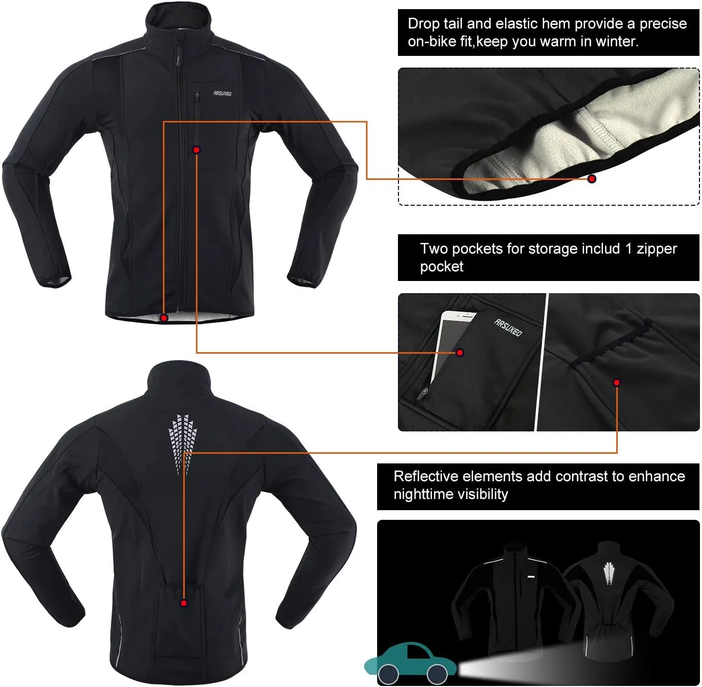 ARSUXEO Winter Warm UP Thermal Softshell Cycling Jacket Windproof Waterproof 15-k