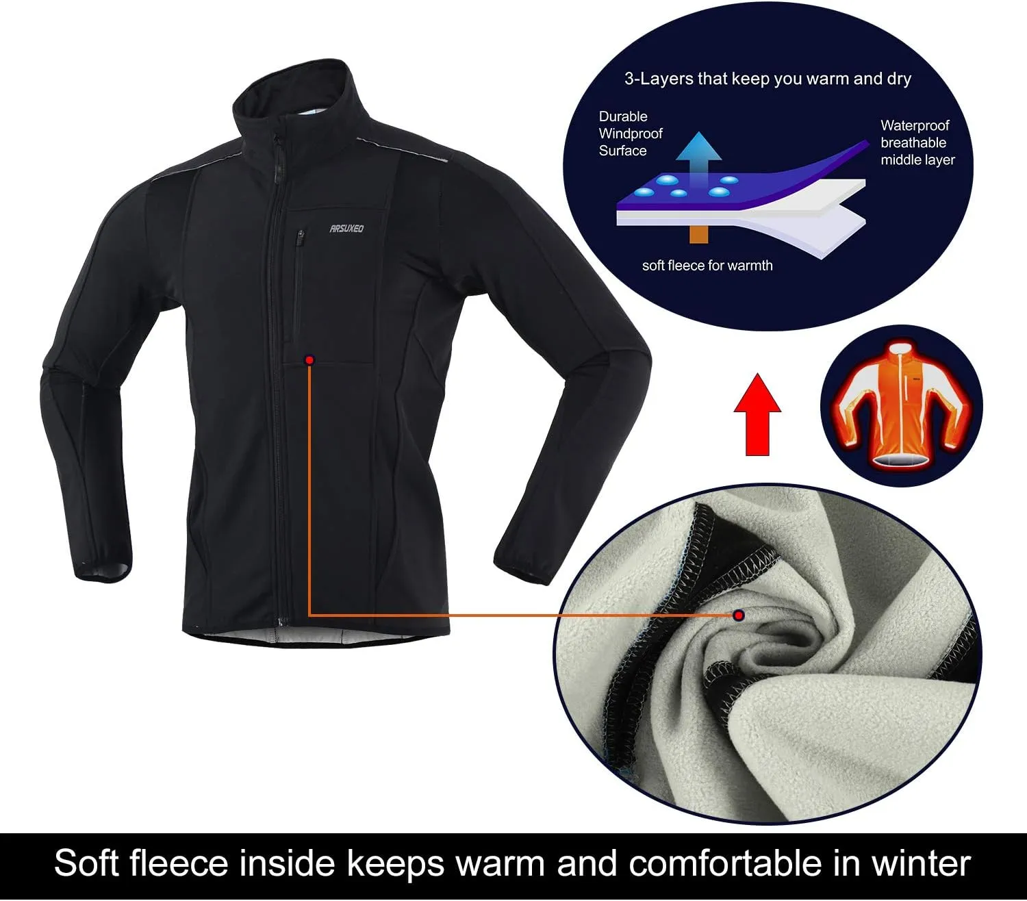 ARSUXEO Winter Warm UP Thermal Softshell Cycling Jacket Windproof Waterproof 15-k