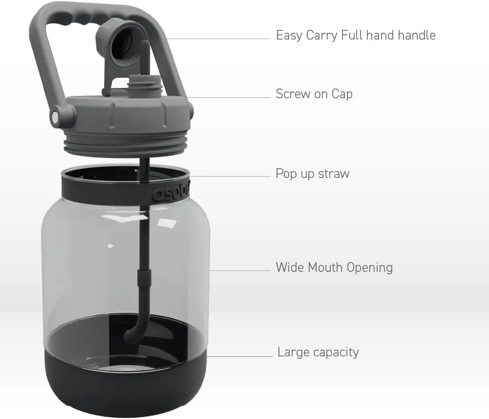 asobu 1 Gallon Non-Breakable Shock Resistant Freezable Tritan Jumbo Water Jug Large Capacity with Easy Grip Handle and Pop Up Straw Dishwasher safe Bottle (BLACK)…