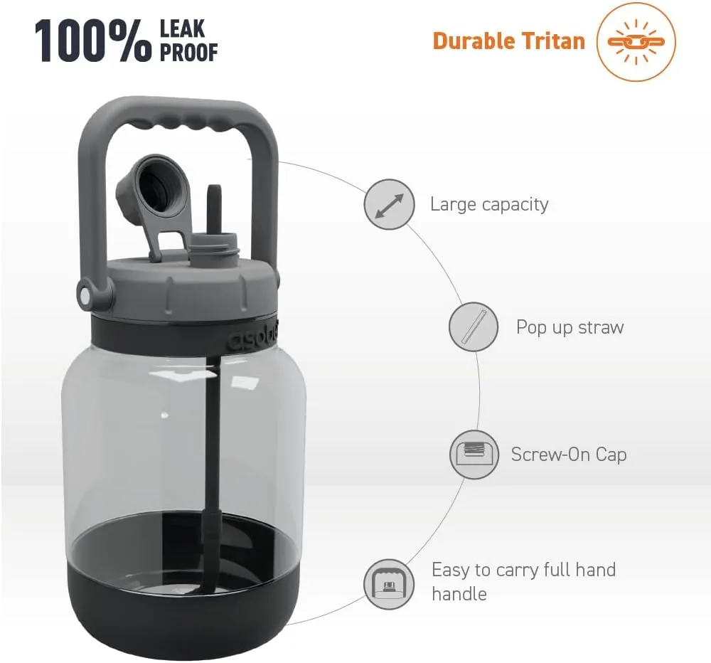 asobu 1 Gallon Non-Breakable Shock Resistant Freezable Tritan Jumbo Water Jug Large Capacity with Easy Grip Handle and Pop Up Straw Dishwasher safe Bottle (BLACK)…