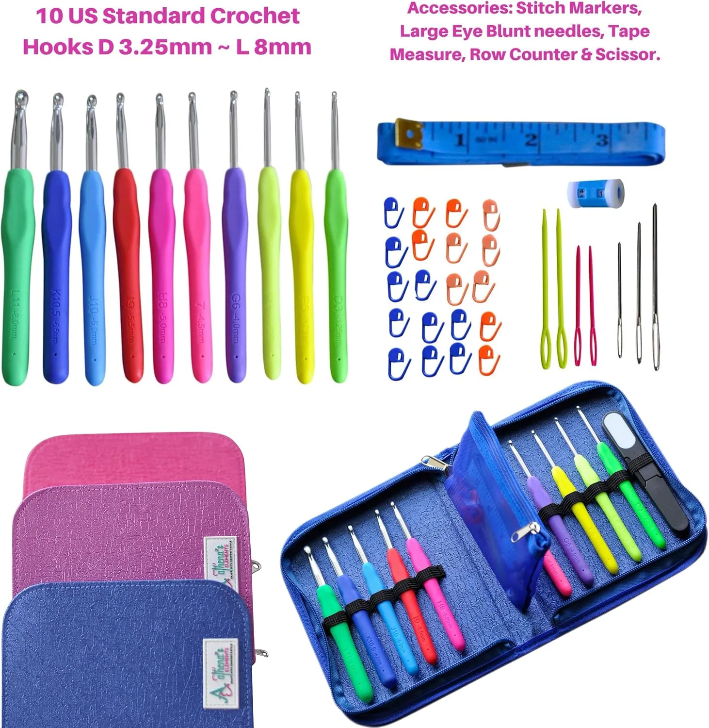 Athena's Elements Best Crochet Hook Set with Ergonomic Cushioned Handles. Perfect Crochet Hooks for Arthritic Hands, Smooth Knitting Needles for Superior Results & Knitting Accessories